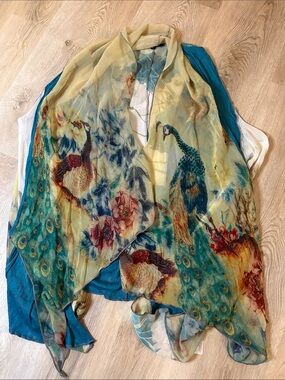 The Pyramid Collection Peacock Chiffon Flowy Kimono Cardigan Shawl size large